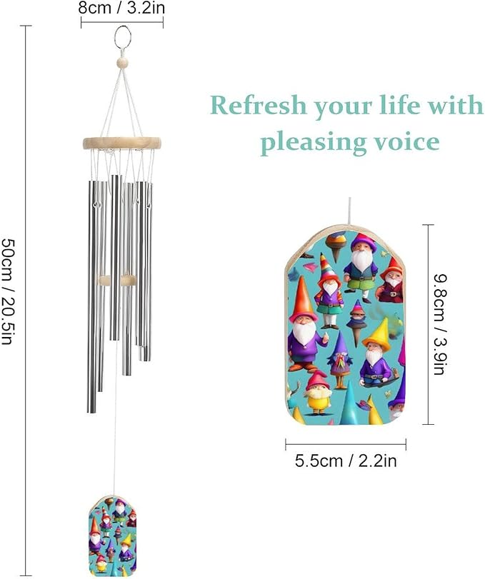 20.5 Inches Decorative Wind Chimes Colorful Gnomes Printed Outdoor Windchime Memorial Wind Chime with 6 Tubes for Outside Garden Backyard Decor