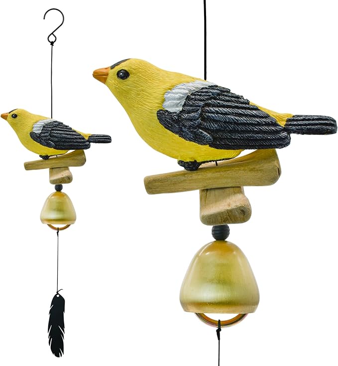 MrMrKura Bird Wind Chimes, Metal Wind Bell Pendent for Outside Hanging Wind Chime with Feather Ornament for Bless Garden Backyard Home Decor (Yellow)