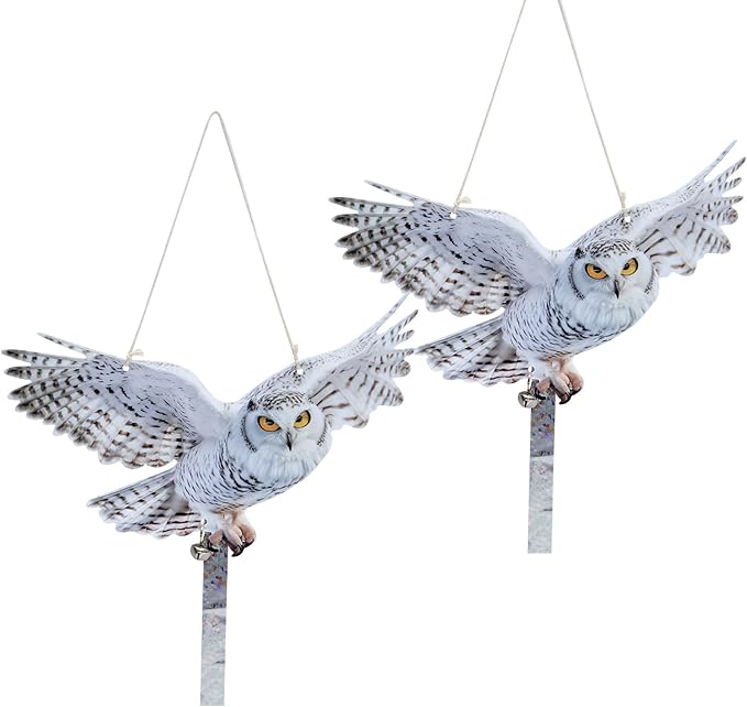 2Pack Fake Owls Reflective Owl Hanging Decoration, Barn Swallow Deterrent Dual-Side Printed Raster Fake Hawk to Scare Owl Pigeon Woodpecker Away from Patio Garden
