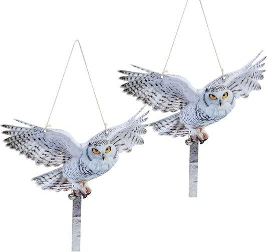 2Pack Fake Owls Reflective Owl Hanging Decoration, Barn Swallow Deterrent Dual-Side Printed Raster Fake Hawk to Scare Owl Pigeon Woodpecker Away from Patio Garden