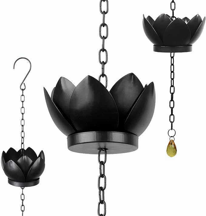 4.2ft Rain Chains for Downspout, Metal Lotus Rain Chain 5 Lotus Rain Chain Cups, Adjustable Rain Catcher Chain for Eaves Drainage, Replacement for Downspout, Gardens Patios & Home Decor