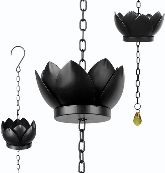 4.2ft Rain Chains for Downspout, Metal Lotus Rain Chain 5 Lotus Rain Chain Cups, Adjustable Rain Catcher Chain for Eaves Drainage, Replacement for Downspout, Gardens Patios & Home Decor