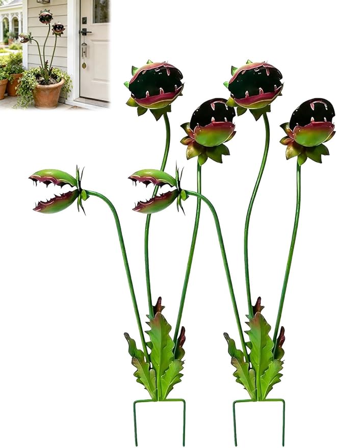Whimsical Metal Carnivorous Plant Garden Stake, Handmade 25-Inch Large Venus Flytrap Monster Plant Sculpture Stake Outdoor, Durable Yard Art for Garden, Patio, Lawn, Seasonal Yard Decor (2pcs)