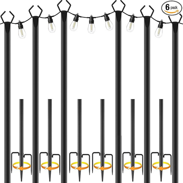 AILBTON 10Ft String Light Poles 6 Pack,Light Poles for Outside Lights,Outdoor with Fence Brackets Hanging Lights,Metal Stand Deck Patio Backyard