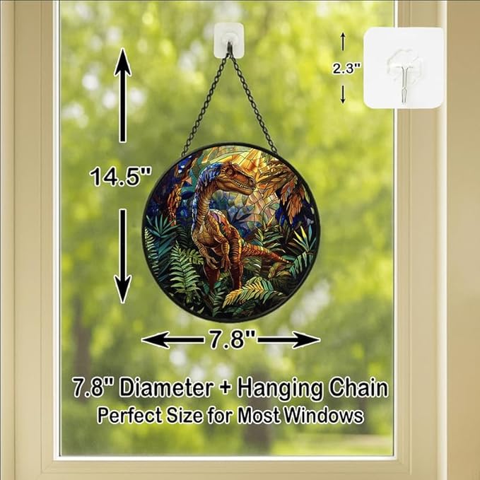 Stained Glass Window Hanging - Raptor Dinosaur in Jungle Scene Sun Catchers Indoor Stained Glass Panels Wall Decor for Mom,Wife,Lovers,Festive