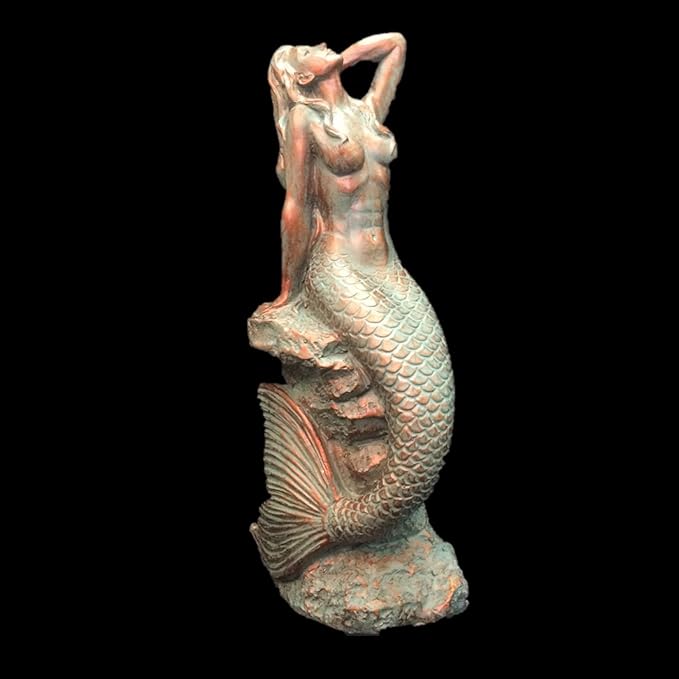 homestyles 16 in. Large Sexy Mermaid Sitting on Coastal Rock Beach Nautical Garden Statue in Bronze Patina Pool Patio Lawn Statue