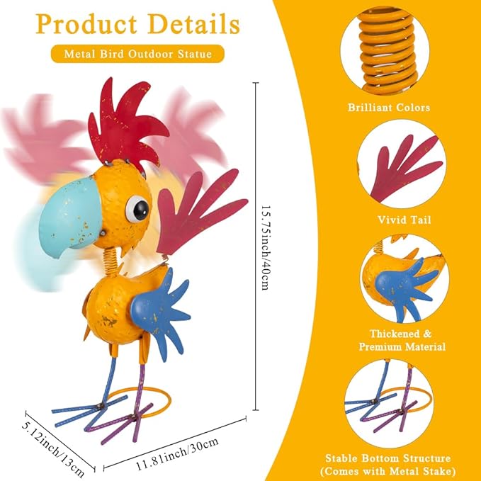 Metal Rooster Garden Statue, 15'' Rooster Decor Outdoor Statue, Chicken Yard Art Lawn Decor for Outside, Patio, Unique Present for Woman, Garden Lovers