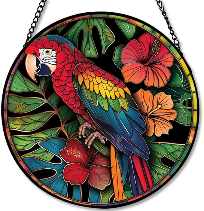 Stained Glass Window Hanging - Tropical Parrot with Hibiscus Flowers Sun Catchers Indoor Stained Glass Panels Wall Decor for Mom Wife Lovers Festive