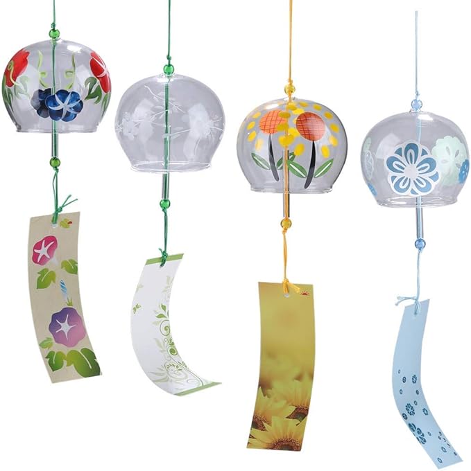 Falytemow Japanese Wind Chimes Romantic Flowers Small Wind Bells Handmade Glass Japanese Style Pendant for Birthday Present Home Decors (Morning Glory, Hibiscus, Sunflower, Willow, 8 cm)