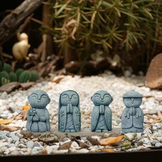 Mini Monk Buddha Jizo Statue - Green Sandstone Small Zen Figurine for Home Decor, Aquarium Fish Tank Landscape Bonsai Garden Ornament (Style 8)