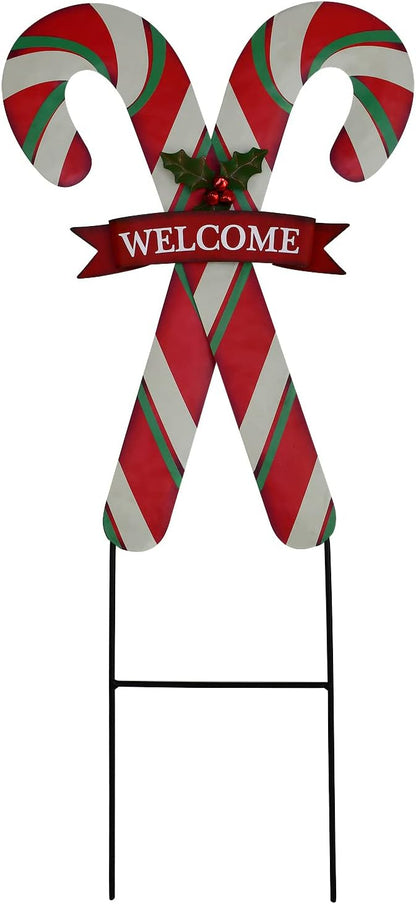Christmas Candy Cane Garden Stake Decor, Metal Candy Cane Hanging Welcome Sign Outdoor Yard Sign Lawn Stake 27.5"H, Merry Christmas Yard Decor Xmas Holiday Decoration