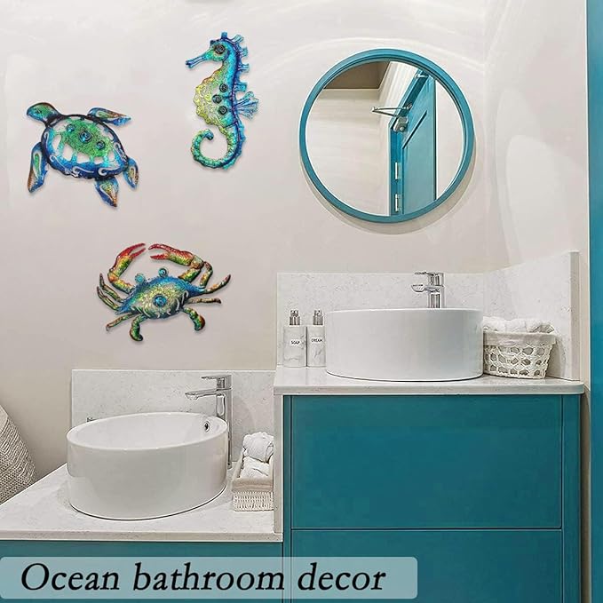 Weibefee Metal Sea Turtle Seahorse Crab Beach Themed Bathroom Wall Art Mother's Day Decor, Ocean Themed Wall Mother's Day Decorations Gift for Home Bathroom,10 Inch, Set of 3…