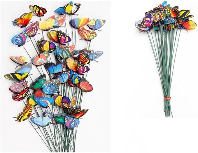 Rikyo 3D Butterfly Garden Stake Decor,10" PVC Butterfly Garden Decor for Outside,Shaking Head Artificial Butterflies for Cake Bouquet Wall Lawn Pathway Plant Pot Flower Bed Yard Decor (50, Colorful)
