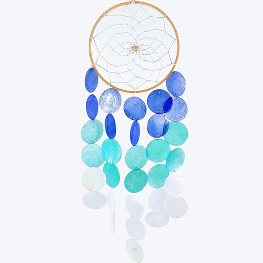 Wind Chimes for Outside Handcrafted Blue Dream Catchers Capiz Shells Seashell Sea Glass Arts Windchime Beach Coastal Crafts Garden Decor Gardening for Women Patio Finds