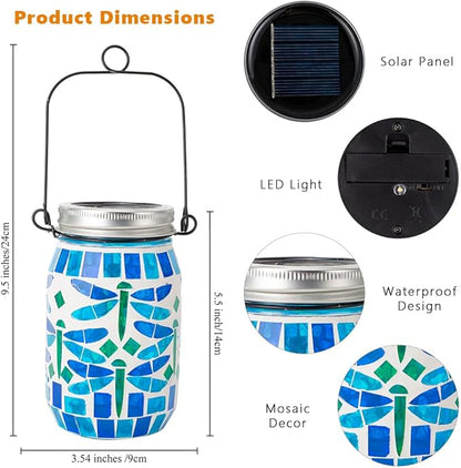 Starsoul 2 Pack Solar Hanging Lanterns Outdoor Waterproof, Mosaic Dragonfly Decor Glass Solar Outdoor Lights, Decorative Solar Lantern for Outside Pathway Patio Porch Yard Decor