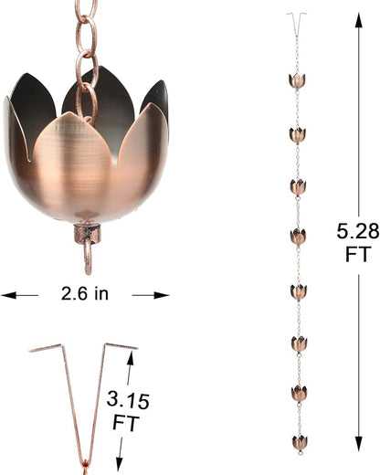 taman Rain Chain Set, 5.28ft Lotus Cup Rain Chain for Gutters,Copper Rain Chain Cups to Replace Gutter Downspout, Divert Water, 8 Cups, Rose Gold