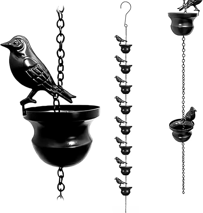 Birds Rain Chain Metal Bird Outdoor Decoration Rainwater Chain for Gutters, 3.28 FT Length with 8 Birds, Durable and Elegant Garden Drainage & Eaves Decor