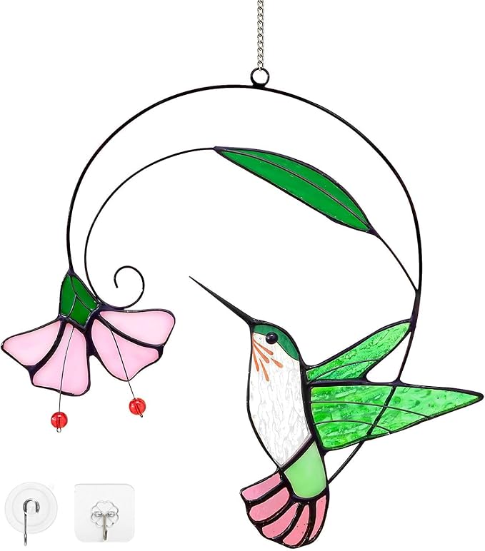 Stained Glass Hummingbird Suncatcher with Flower Branch - Handmade Real Glass Window Hanging, Bird Safe Gift for Women, Mom & Bird Lovers - Vibrant Porch & Kitchen Decor (Green)