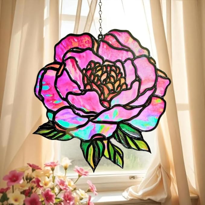Peony Flower Handmade Resin Suncatchers, Artisan Sun Catcher, Stained Glass Effect, Flower Suncatchers for Window Hanging, Garden Decor, Gift for Mother's Day Mom Women Grandma Wife