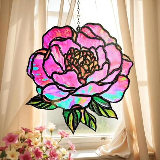 Peony Flower Handmade Resin Suncatchers, Artisan Sun Catcher, Stained Glass Effect, Flower Suncatchers for Window Hanging, Garden Decor, Gift for Mother's Day Mom Women Grandma Wife