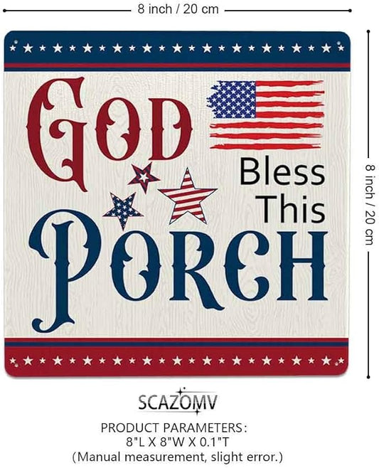 SCAZOMV God Bless This Porch Metal Sign Independence Day 4th of July Gifts Patriotic American Home Decor for Labor Day USA Art Wall Hanging Decoration for Front Door Outdoor Outside Porch