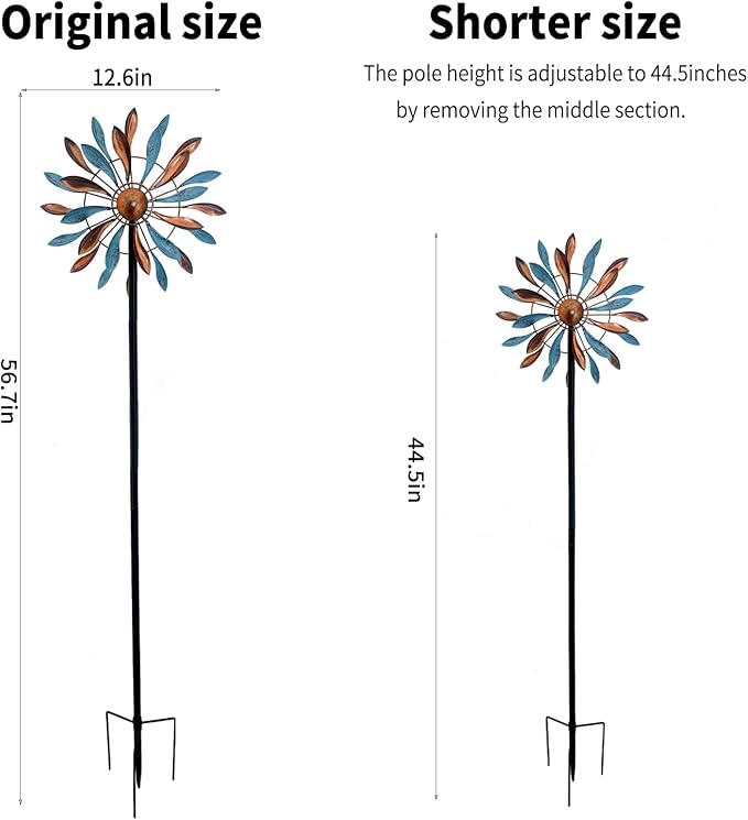 Wind Spinners Outdoor Metal, 360° Kinetic Wind Spinner with Stake, Metal Garden Yard Patio Lawn Windmill Decor (12.6" Dia, 56.7" H, Copper & Teal Petal)