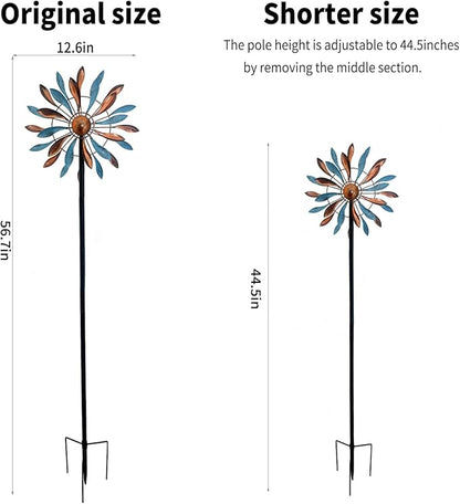 Wind Spinners Outdoor Metal, 360° Kinetic Wind Spinner with Stake, Metal Garden Yard Patio Lawn Windmill Decor (12.6" Dia, 56.7" H, Copper & Teal Petal)