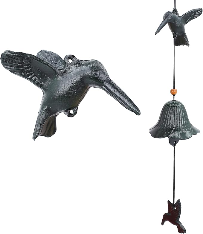 Japanese Wind Chime Cast-Iron Outdoor Ornament for Garden, Patio & Balcony, Hanging Metal Wind-Bell Decoration Gift, Blessing Pendant Windchimes, Green Hummingbirds
