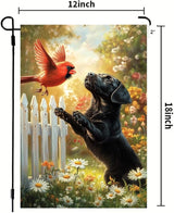 Spring Summer Black Lab Garden Flags 12x18 Double Sided, Small Burlap Seasonal Cardinal Floral Dog Garden Flag Spring Summer Outdoor Yard Decorations for Outside Lawn Decor
