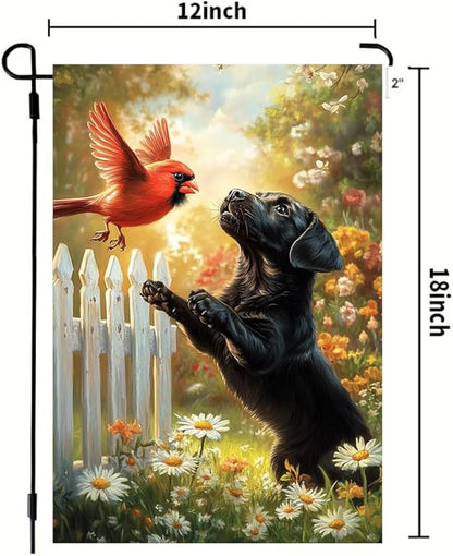 Spring Summer Black Lab Garden Flags 12x18 Double Sided, Small Burlap Seasonal Cardinal Floral Dog Garden Flag Spring Summer Outdoor Yard Decorations for Outside Lawn Decor