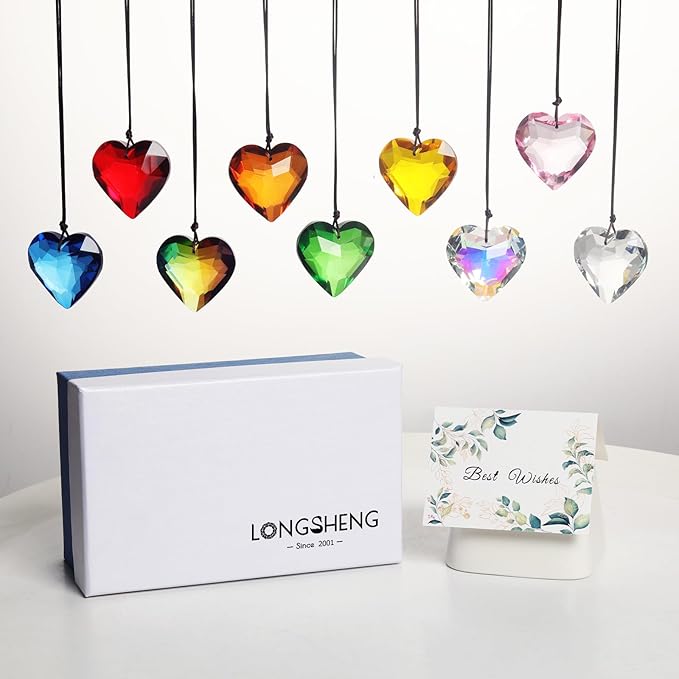 LONGSHENG - SINCE 2001 - Pack of 9 Crystal Suncatchers Colorful Heart Chandelier Prisms Stained Glass Pendants Parts Hanging Window Home Decor Crystal Ornaments