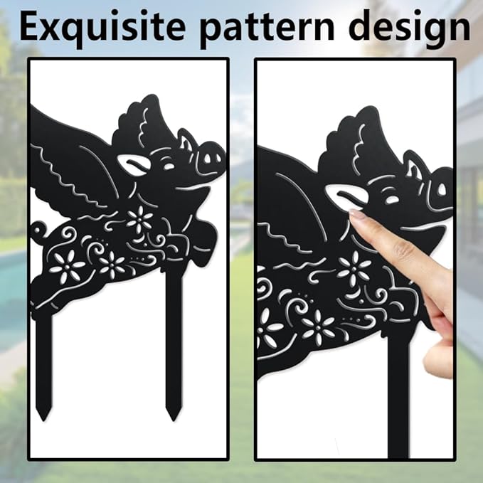 WADORN 2 Styles Flying Pig Metal Decorative Garden Stakes, Funny Pig Flowers Metal Silhouette Statues Animal Garden Ornament Gifts Black Yard Art Decoration for Outdoor Backyard Patio Lawn Walkways