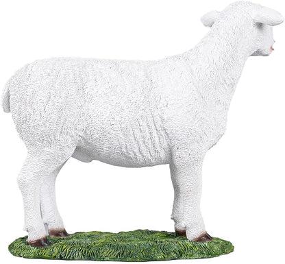 White Standing Lamb Garden Statue, Decorative Resin Sheep Figurine on Grass Base, Farmhouse Animal Outdoor Decor