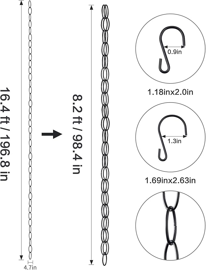 Generic 16.5 FT Matte Black Rain Chain with Hooks - Rain Chains for Outside - Adjustable Rain Catcher Chains with Bell for Eaves Drainage - Easy Install (Black), YL001