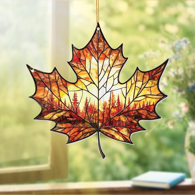 Stained Glass Acrylic Maple Leaf Ornament – Autumn & Christmas Tree Decoration 2026, Fall Harvest Sun Catcher, Nature-Themed Holiday Décor, Maple Leaf Gift for Home & Garden(Sun-14)