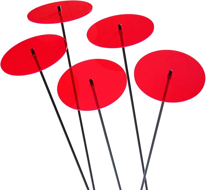 Sun Discs Set of 5 Sun Catcher Garden Decor Large Glowing Ornamental Garden Stakes 75cm, 29.5 inch high Outdoor Yard Gift for Gardeners, Colour:Fluorescent Red