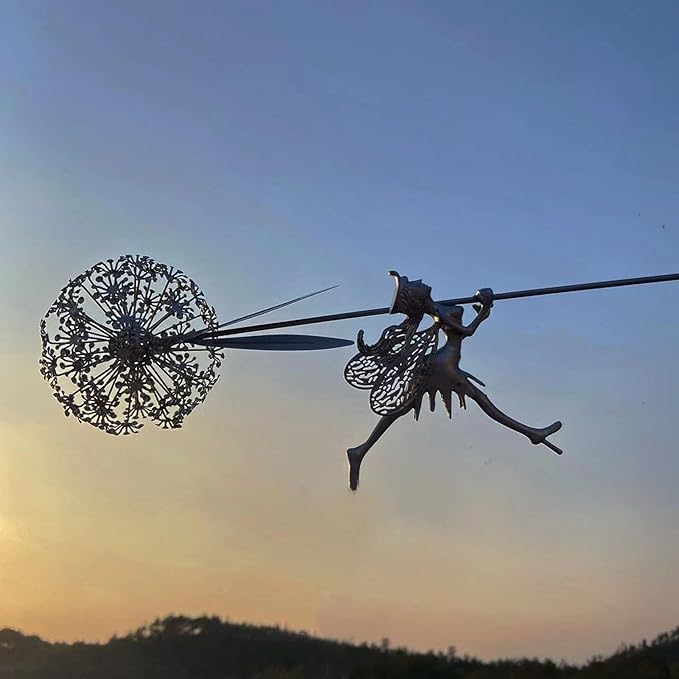 Flower Fairy Dancing with Dandelion, Fairy Garden Sculptures, Angel Metal Ornaments Gardens Art Sculpture, Stainless Steel Statue Garden Ornaments Art Decorations for Outdoor Yard Lawn Patio (C_3D)