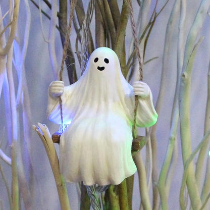 Swing Ghost Garden Statue Outdoor Halloween Decor, 3.39 Inch Cute Ghost Figurine Resin Sculpture Funny Tree Hanging Ornaments for Patio Lawn Yard