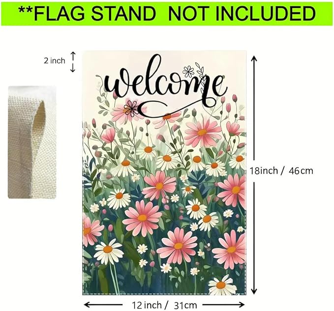 Welcome Spring Summer Daisy Garden Flag 12x18 Double Sided, Small Burlap Floral Garden Flags Summer Outdoor Decorations Yard Lawn Porch Flags for Outside Decor
