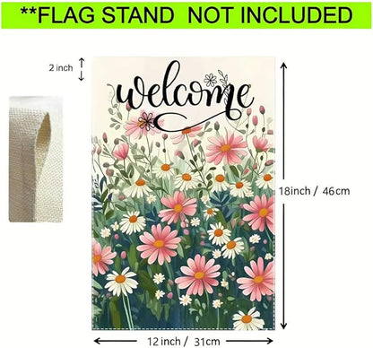 Welcome Spring Summer Daisy Garden Flag 12x18 Double Sided, Small Burlap Floral Garden Flags Summer Outdoor Decorations Yard Lawn Porch Flags for Outside Decor