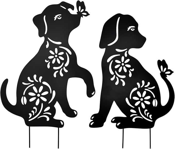 MrMrKura 2 Pack Metal Dog Stakes Garden Decor Stakes Black Dog Silhouette Statue for Outside Metal Dog Decorative Ornaments for Outdoor Garden Home Patio Yard Decor (2 Dogs)