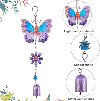 GORGECRAFT Butterfly Wind Chimes Purple Metal Iron Waterproof Animal Butterflies Flower Floral Decoration Glow Wind Catcher Chime with Bell for Indoor Outdoor Home Garden Festival Party