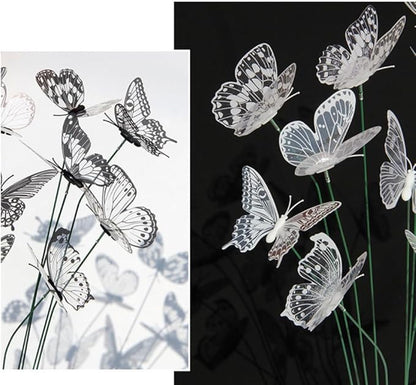 3D Butterfly Garden Stake Decor,10" PVC Butterfly Garden Decor for Outside,Shaking Head Artificial Butterflies for Cake Bouquet Wall Lawn Pathway Plant Pot Flower Bed Yard Decor (50, White)