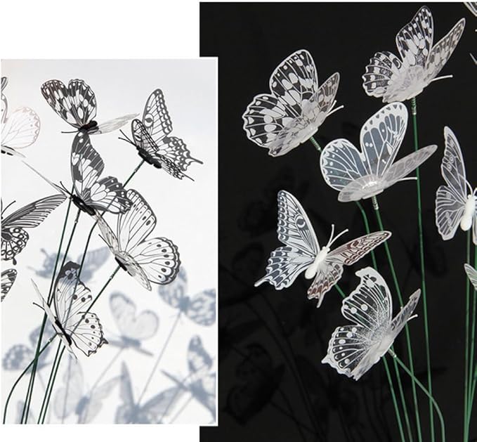3D Butterfly Garden Stake Decor,10" PVC Butterfly Garden Decor for Outside,Shaking Head Artificial Butterflies for Cake Bouquet Wall Lawn Pathway Plant Pot Flower Bed Yard Decor (50, Black&White Mix)
