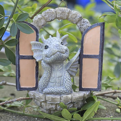 SHOWFEICAT Dragon Garden Ornament Resin Craft Ornament Statue Fairy Door Yard Art Outdoor and Garden Solar Light Luminous Sand Open Door Dragon Wall Statue Outdoors Decor (Eye to Eye)