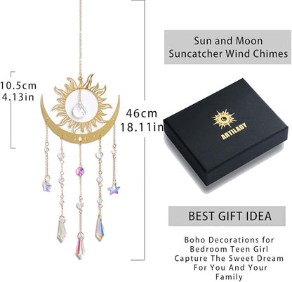 Artilady Suncatcher Crystal Wind Chimes - Large Sun and Moon Sun Catcher for Windows Hanging Prism Crystals Boho Home Garden Backyard Room Ceiling Decor Christmas Birthday Gift for Women