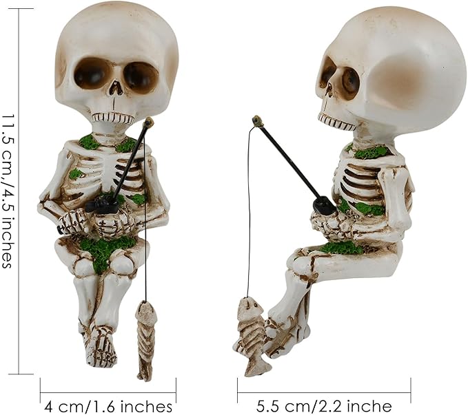 DS. DISTINCTIVE STYLE Style Fishing Skeleton Statue 4.5 Inch Mini Skull Figurines Halloween Gothic Decor Resin Cute Skull Fisher Sculpture for Outdoor Garden Pond Fountain Poolside