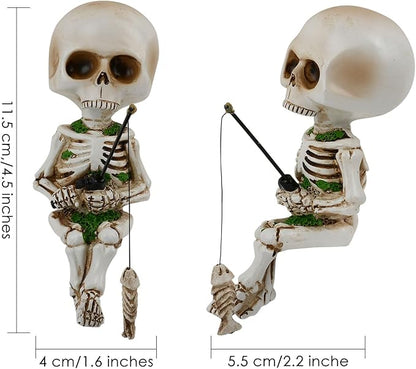 DS. DISTINCTIVE STYLE Style Fishing Skeleton Statue 4.5 Inch Mini Skull Figurines Halloween Gothic Decor Resin Cute Skull Fisher Sculpture for Outdoor Garden Pond Fountain Poolside