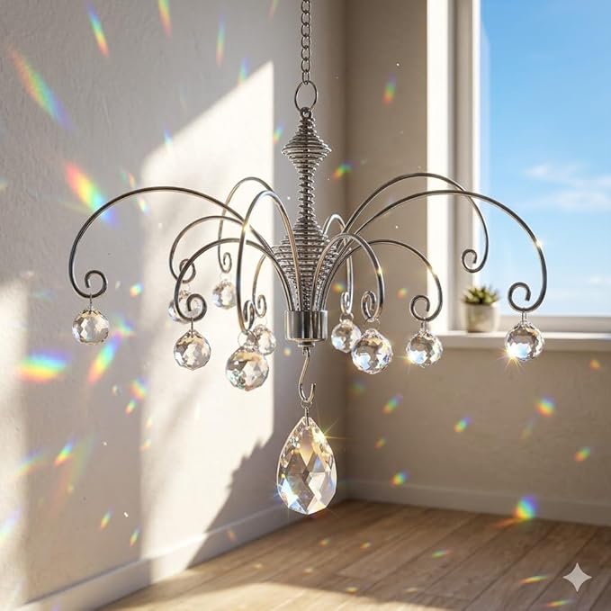 HOHIYA Crystal Suncatcher Hanging Display 2 Pack 12 Inch Silver Metal Chain Prism Rainbow Ornament for Window Garden and Christmas Decor Easter Taiwan Made