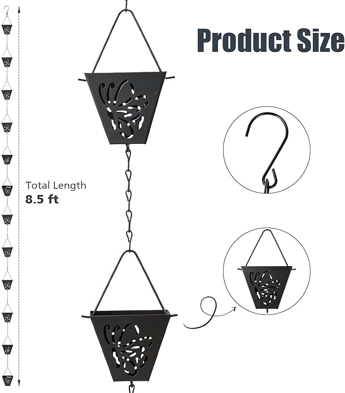8.5 Ft Rain Chain, Thick Metal Rain Gutter Chains, Adjustable Rain Catcher Chain for Eaves Drainage, Replacement for Downspout, Outdoor Decor